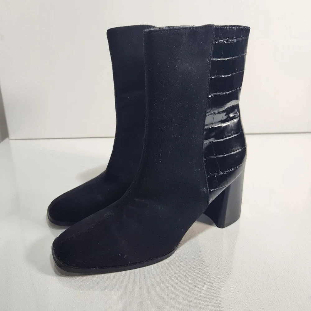 Diba Womens Booties Mix Suede Faux Leather Size 8.5 Black Block Heel